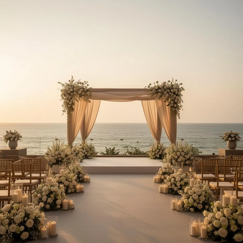 Coastal wedding setting at golden hour
