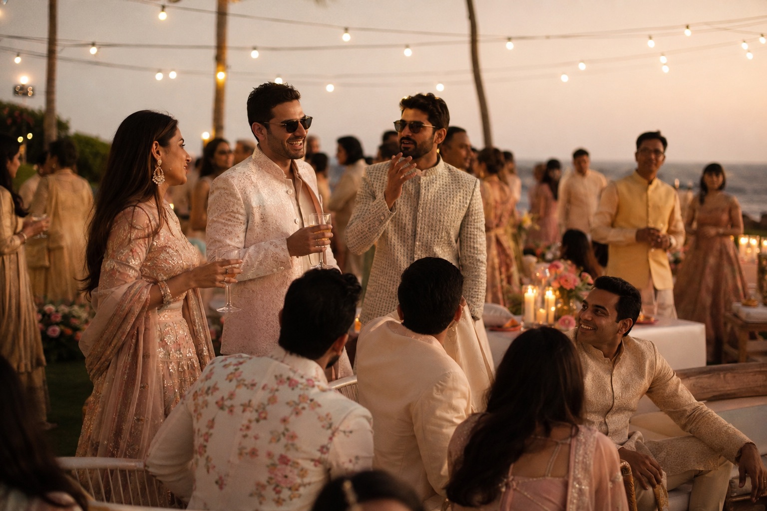 Golden hour beachside destination wedding in India with guests enjoying welcome drinks