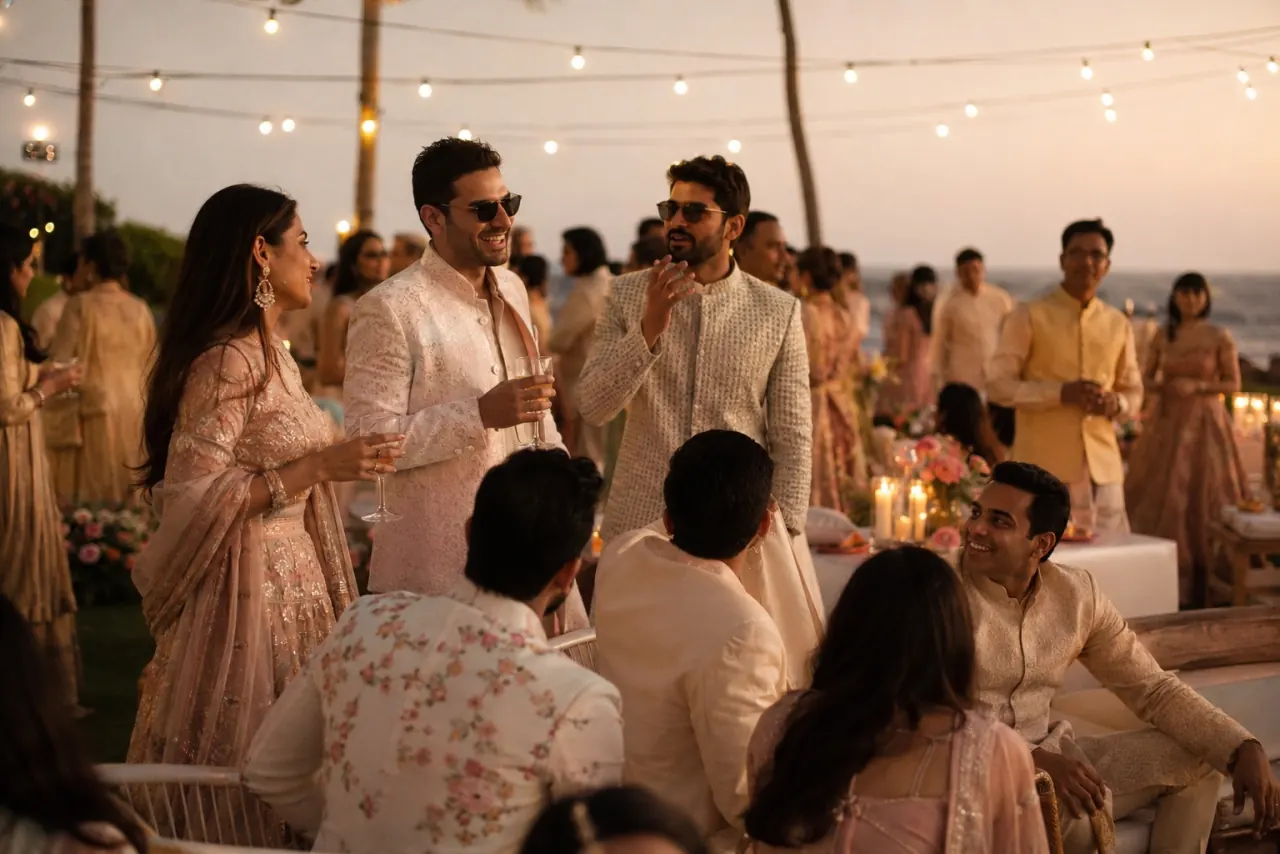 Golden hour beachside destination wedding in India with guests enjoying welcome drinks